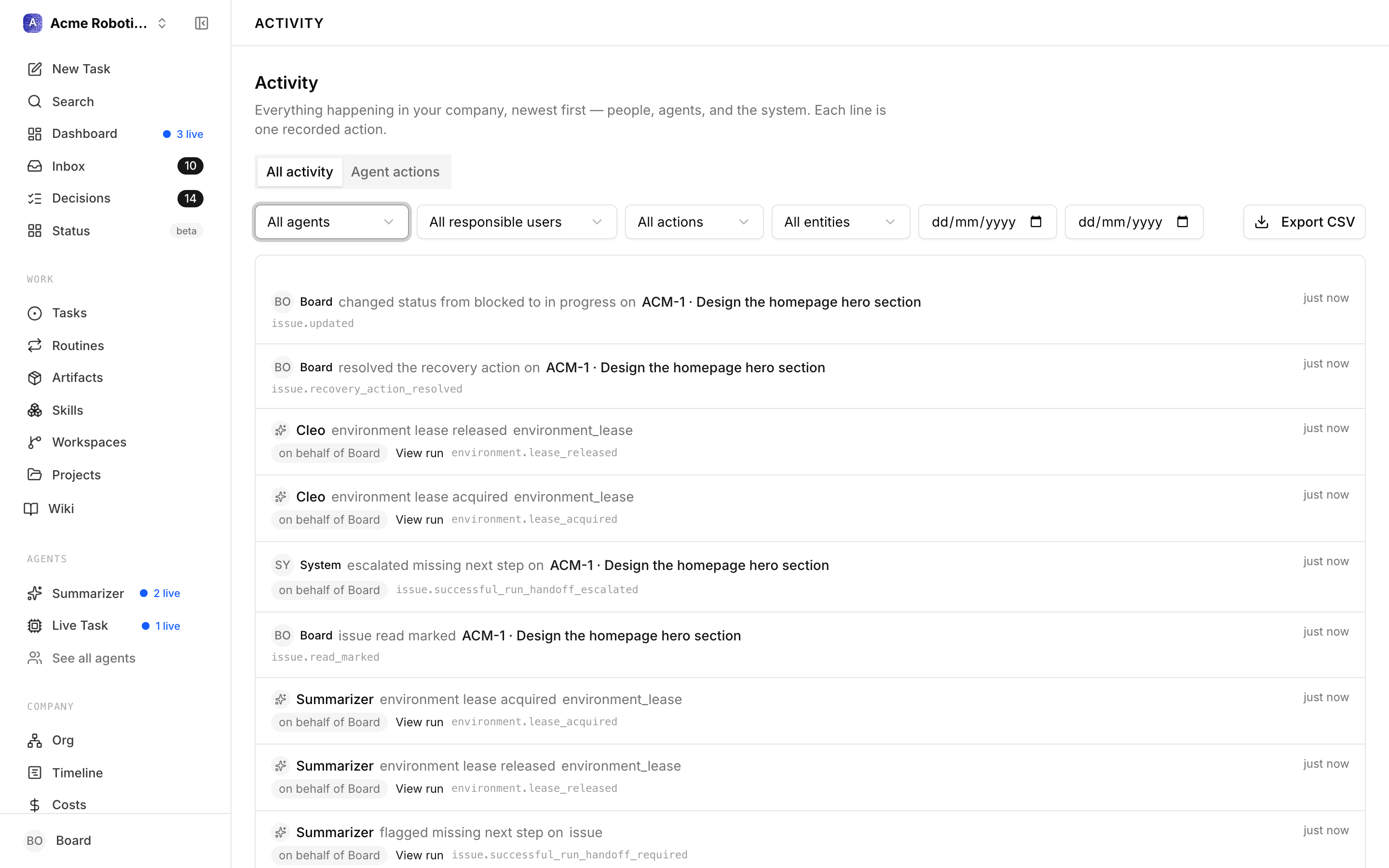 Activity Log filtered to show one category of events