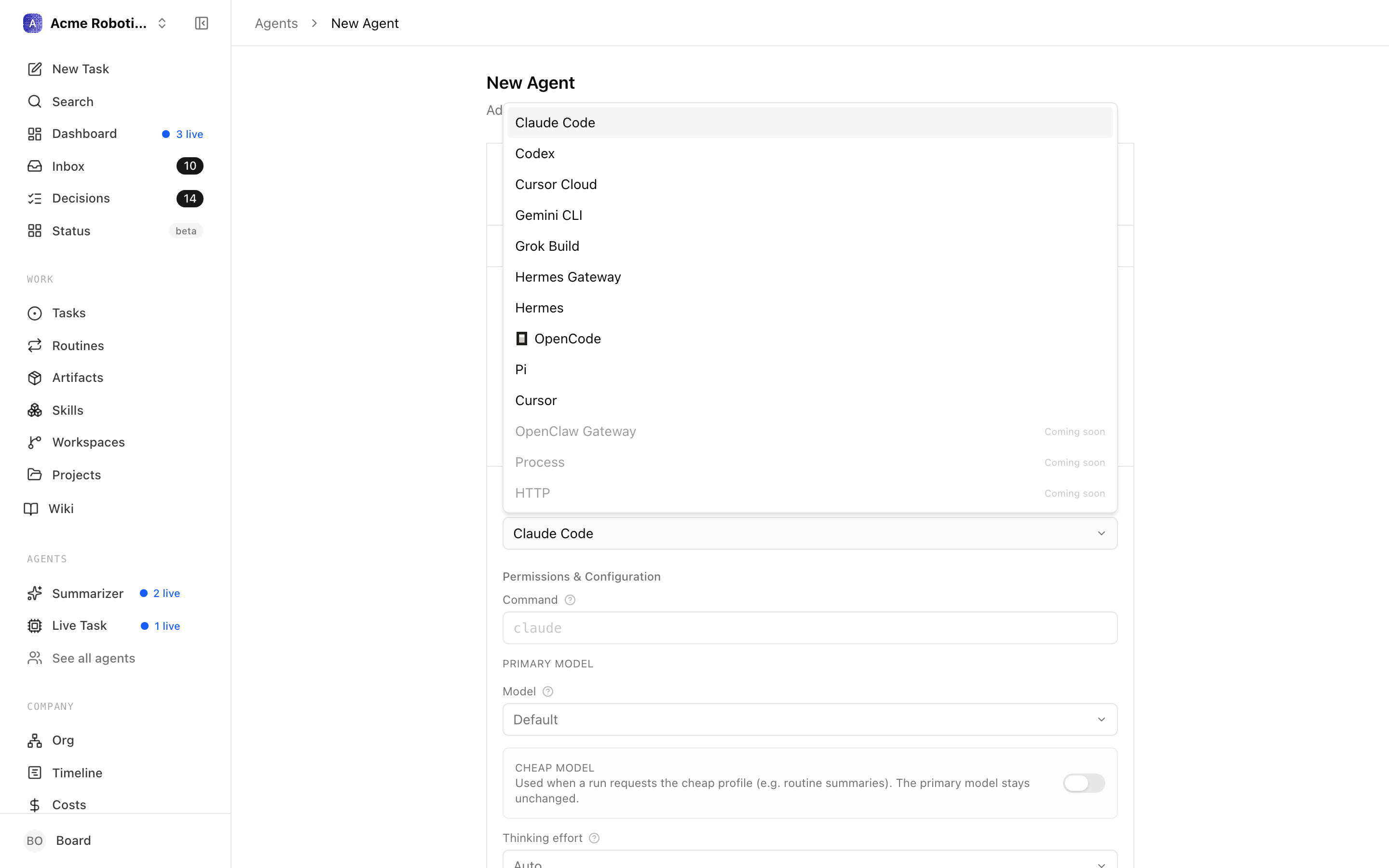 The adapter type dropdown showing available adapter options
