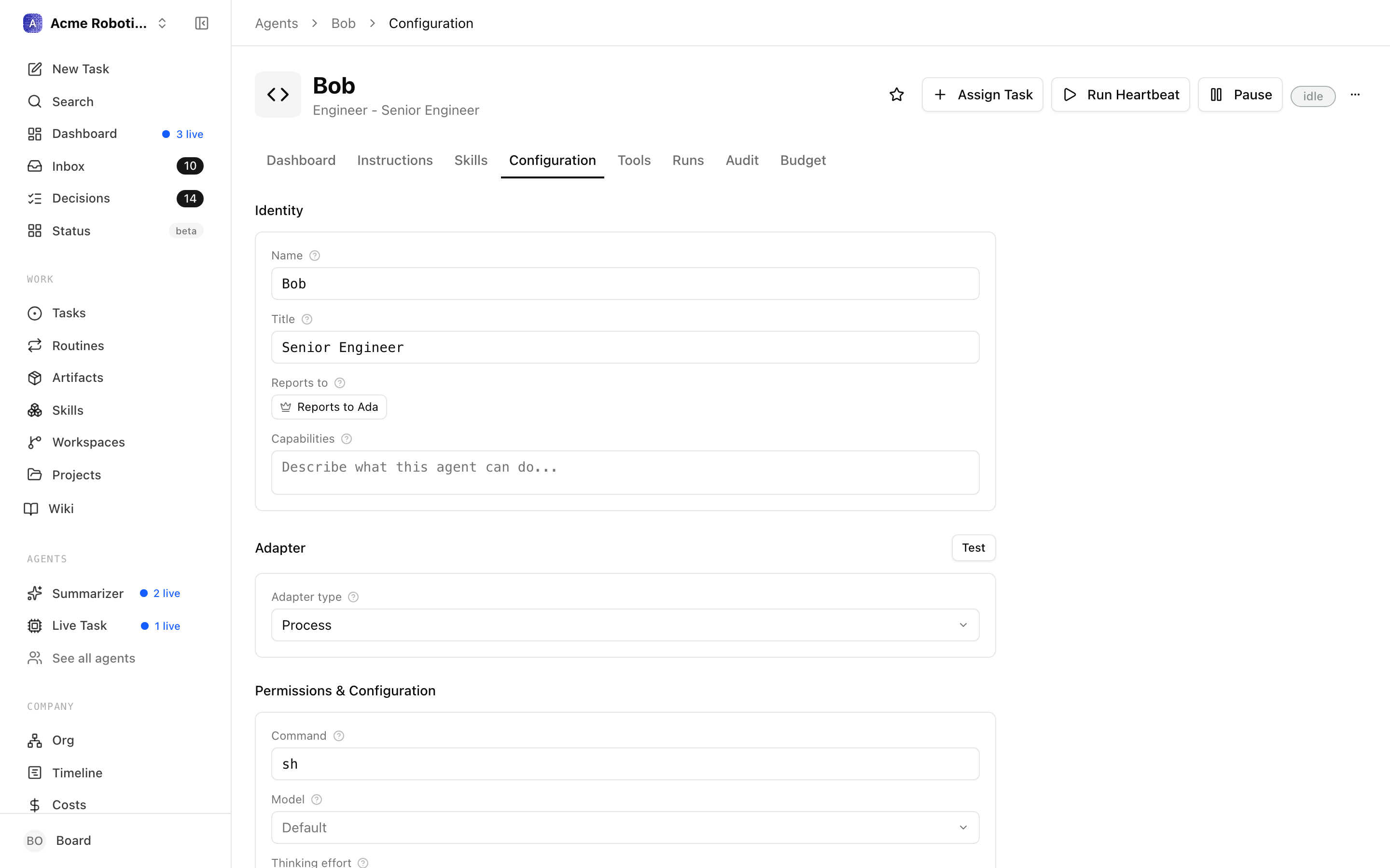 The agent detail page with the heartbeat toggle in its disabled state