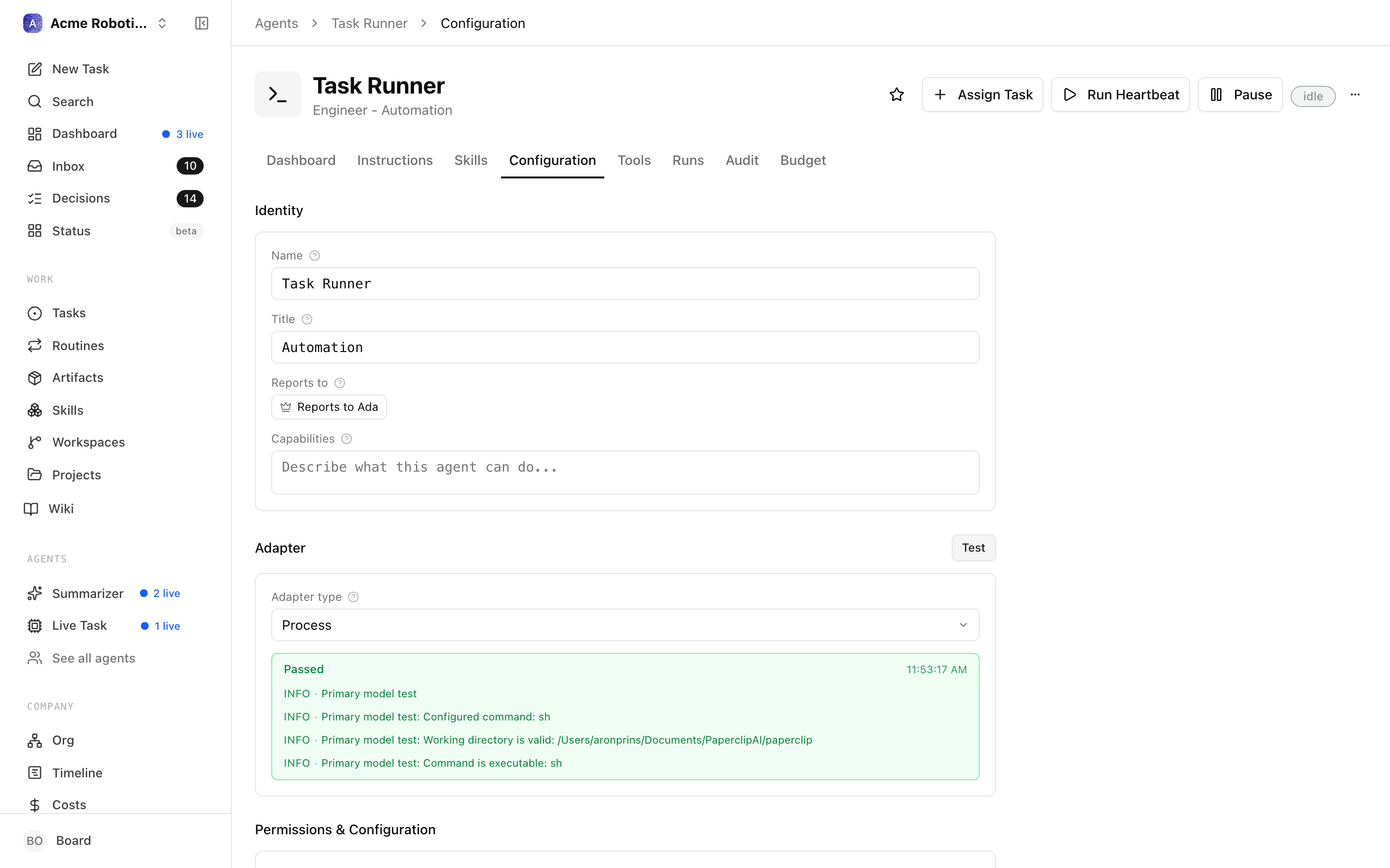 The test environment result showing a success state