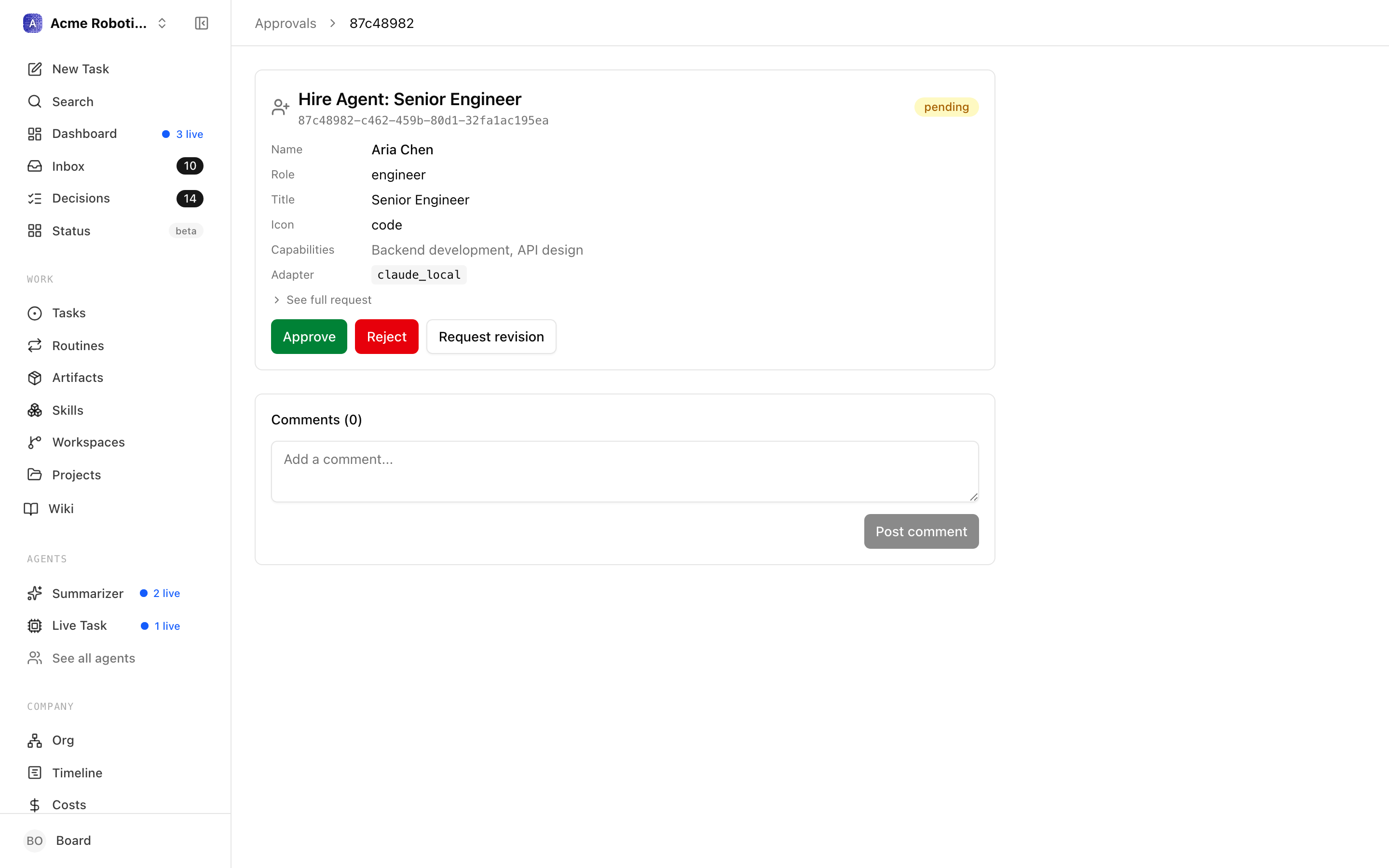 Approve, Reject, and Request Revision buttons at the bottom of an approval detail