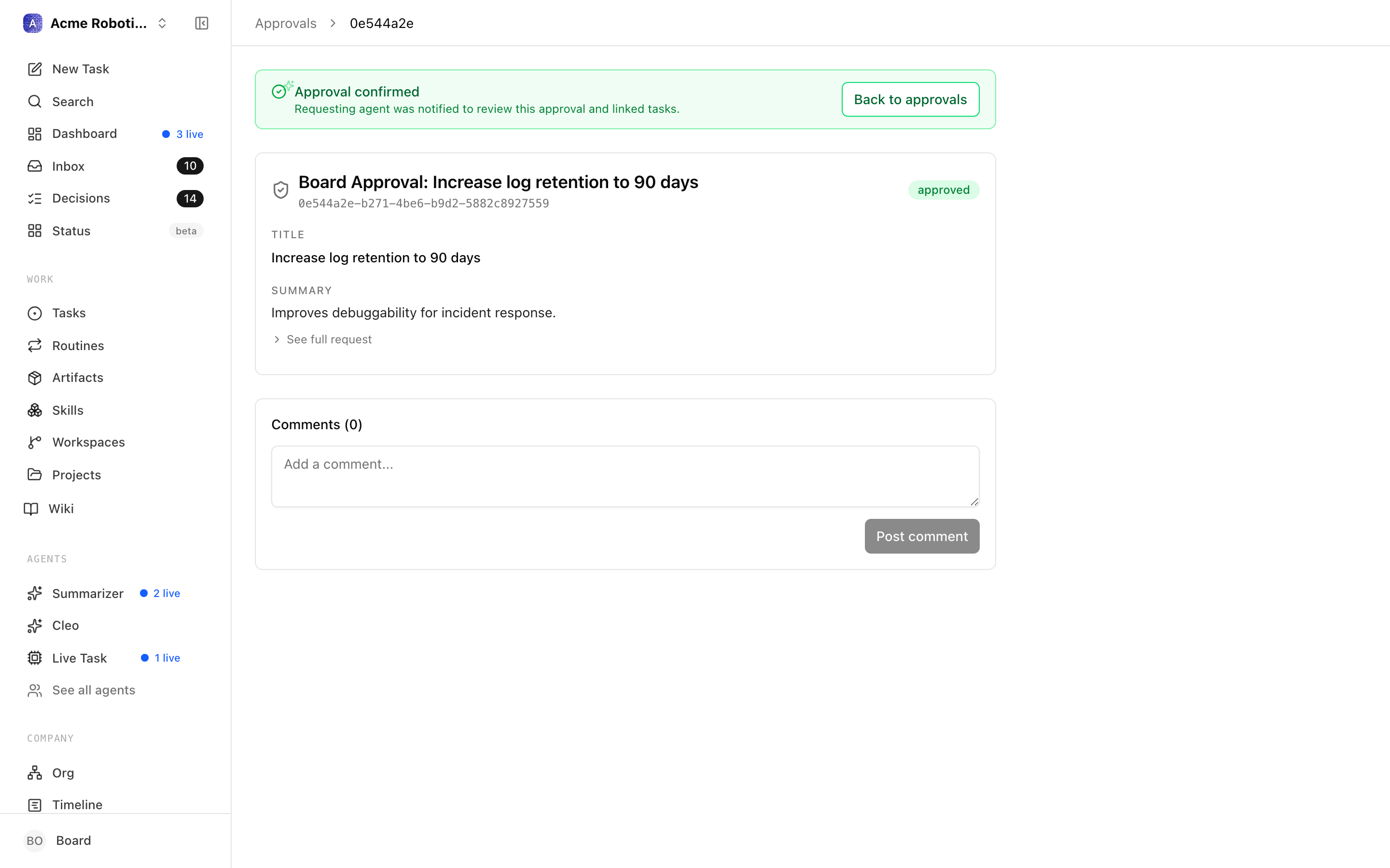 An approved approval showing the approved status badge and the timestamp of the decision