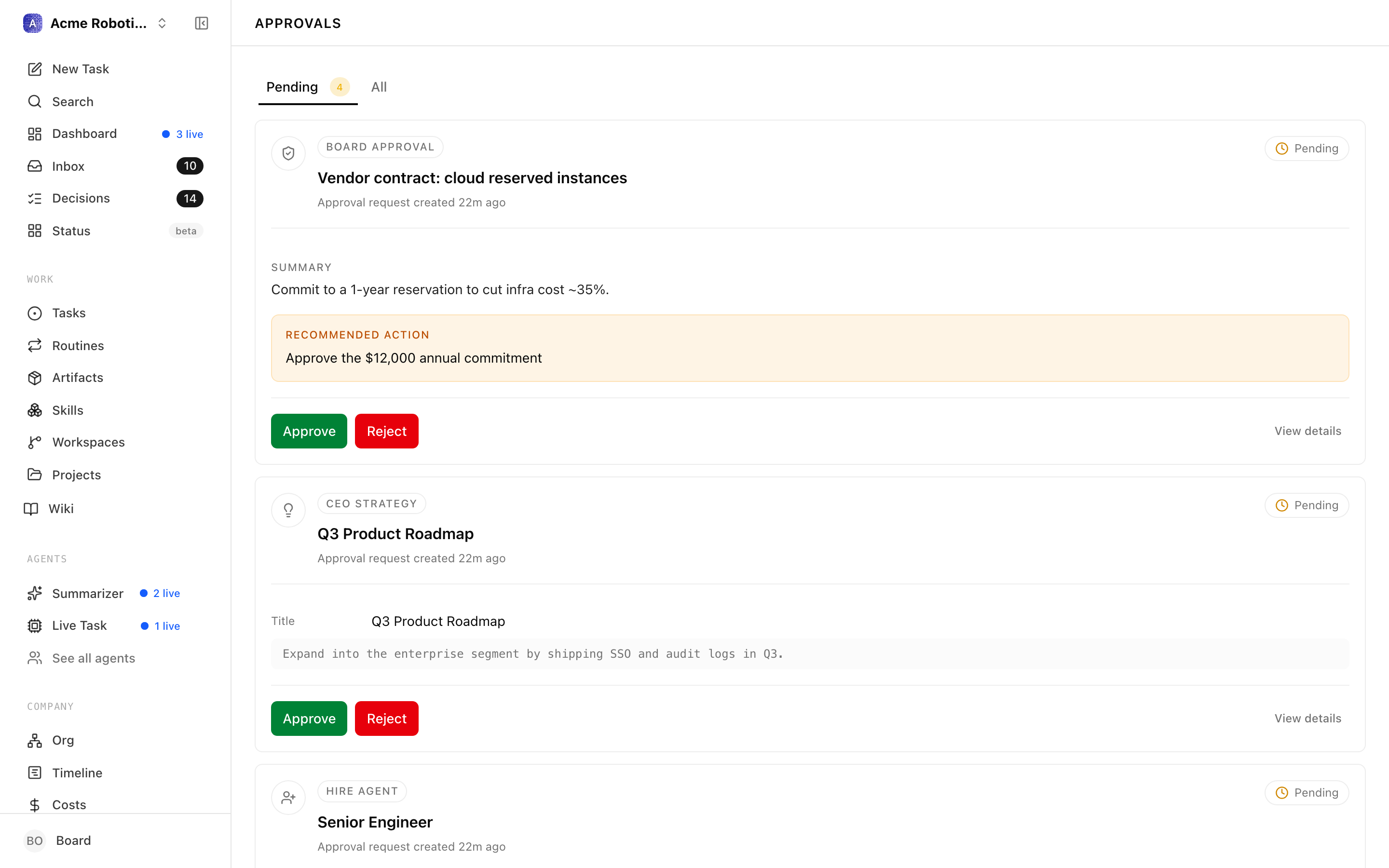 Approvals tab bar with Pending and All tabs and a pending count pill