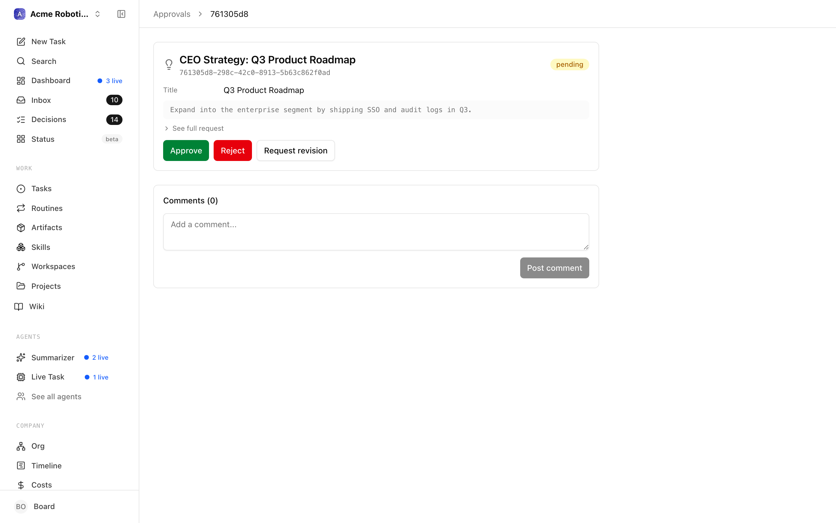 Strategy approval detail showing the CEO's proposed plan and a list of linked draft issues