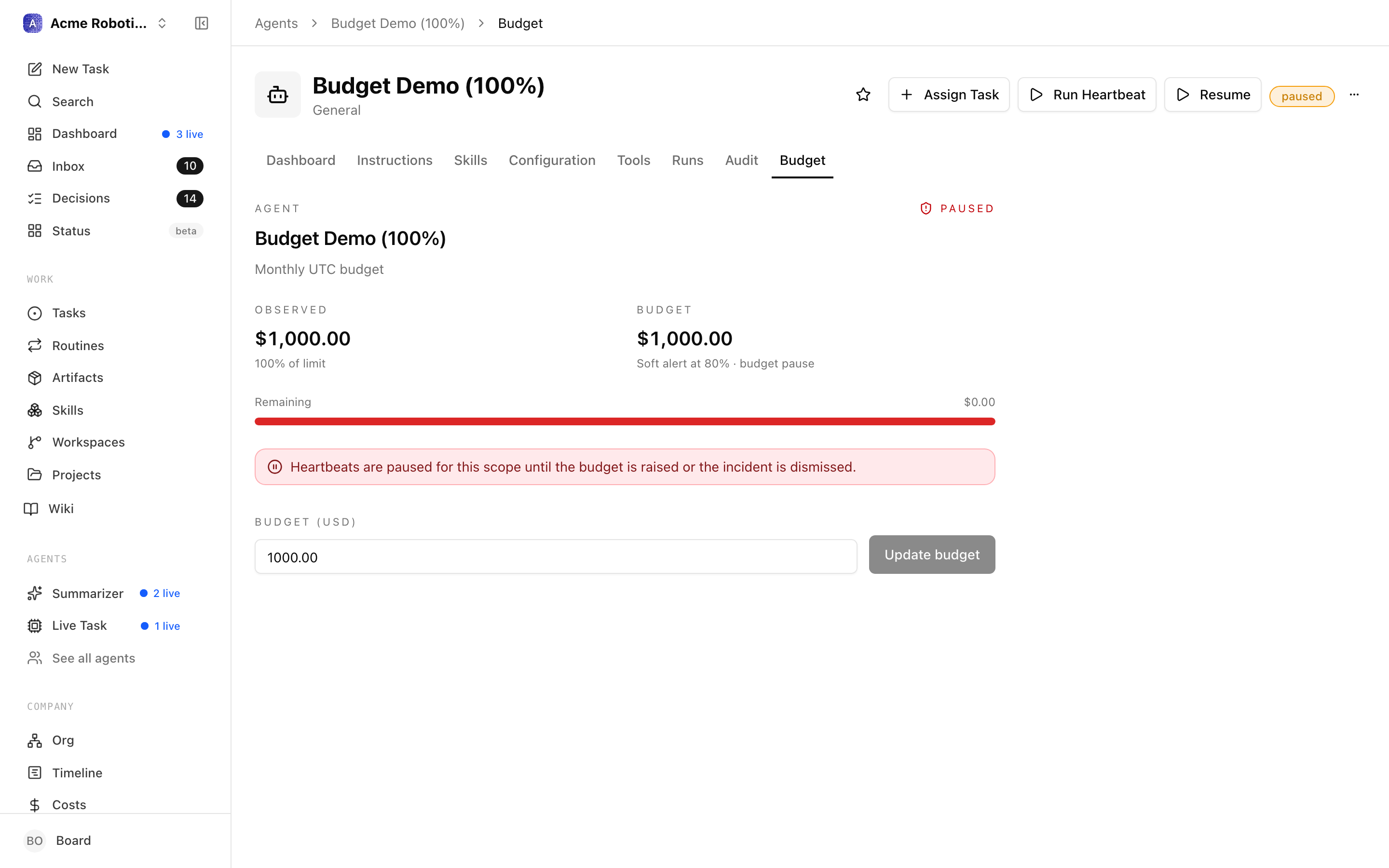 Agent budget bar at 100% — red, agent shown as paused