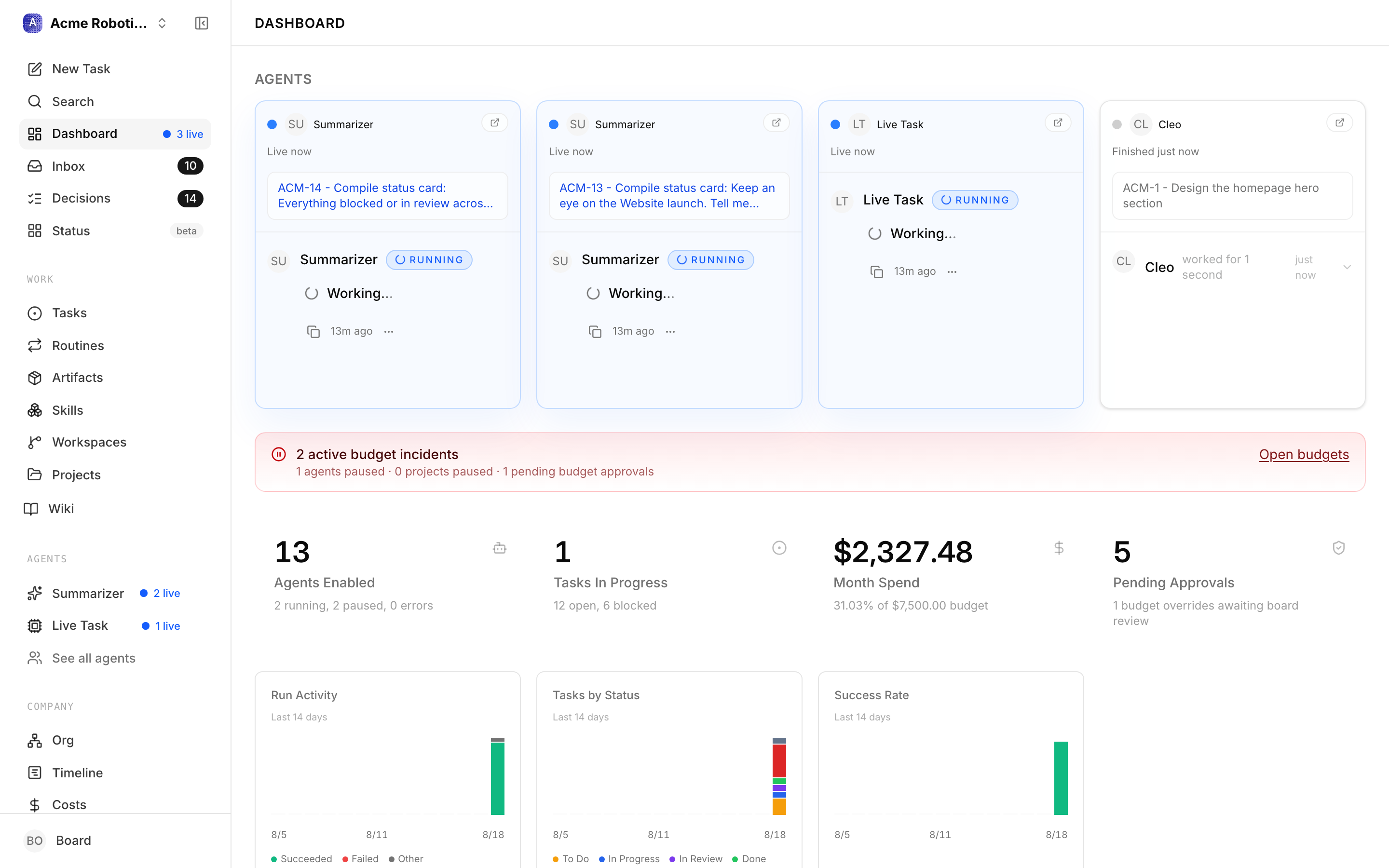 The ThinkingMach dashboard showing the current overview cards, charts, recent activity, and recent tasks