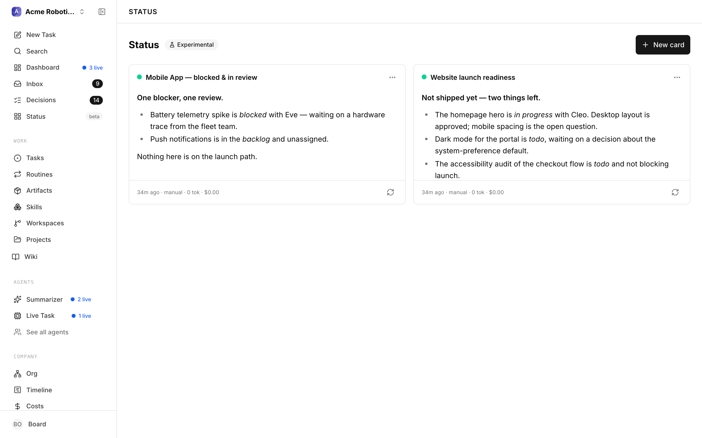 The Status board: one tile per card, each with a state dot, its title, the live summary, and a footer showing freshness, update policy, and today's tokens and cost