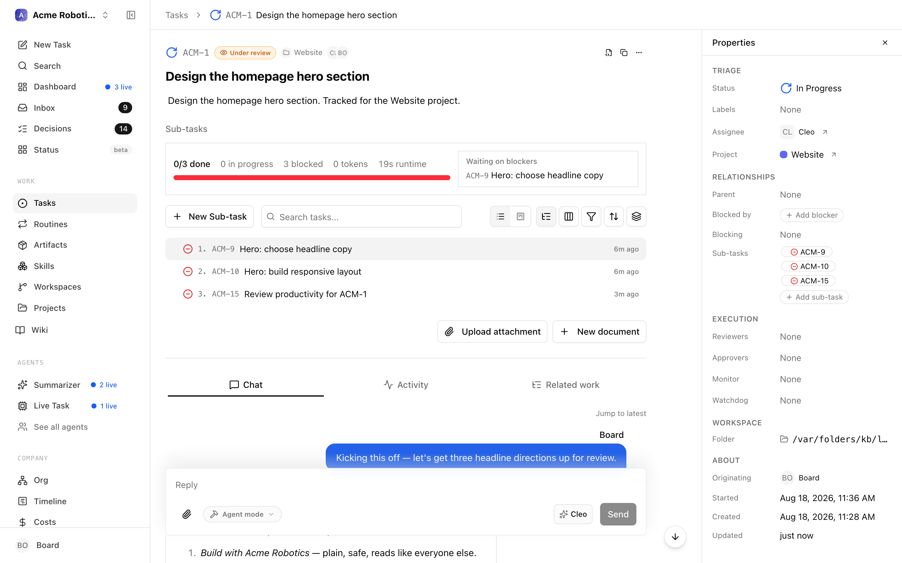 An ask-mode task where the question is the description and the agent's recommendation comes back as a reply in the thread.