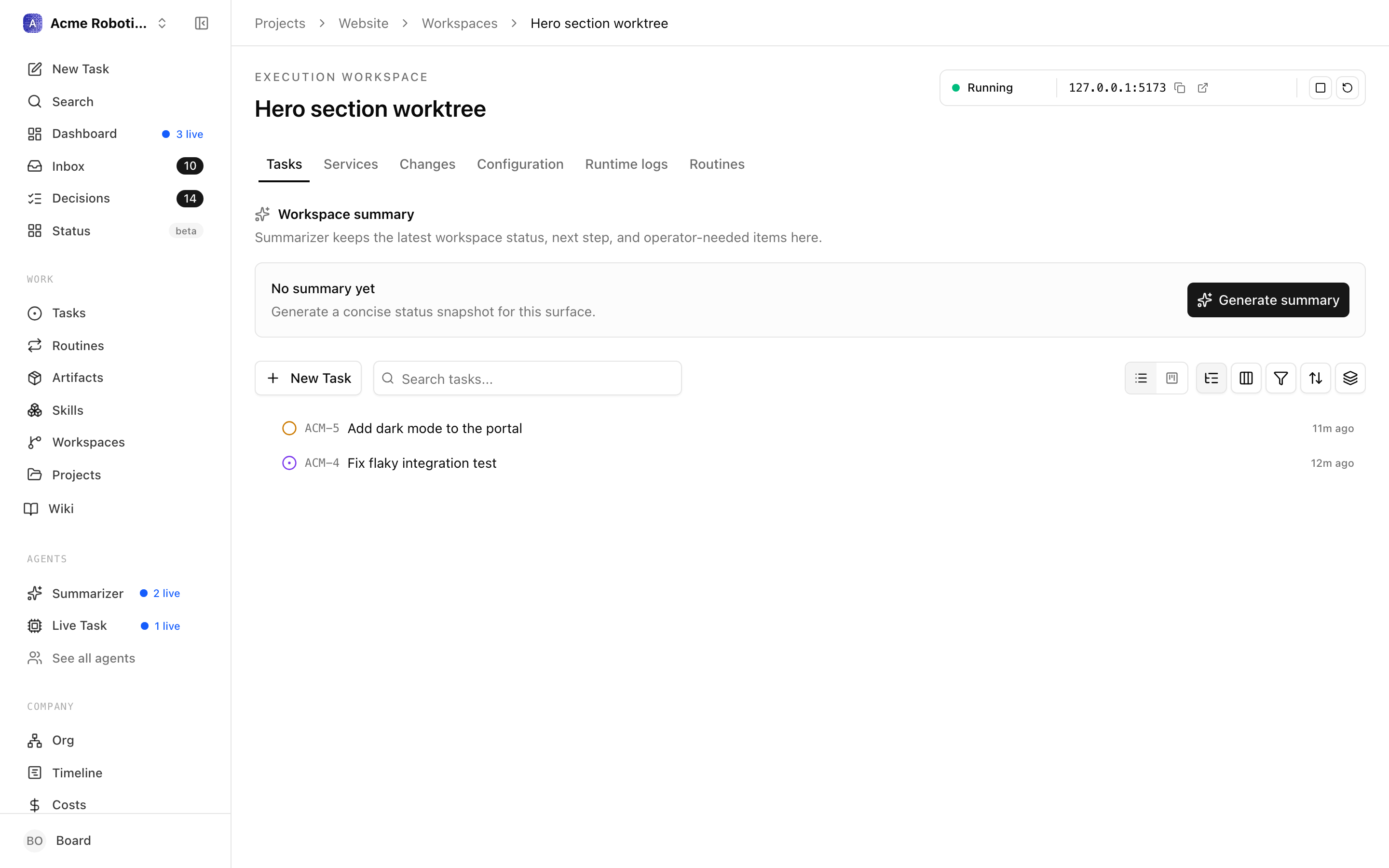 Tasks tab
